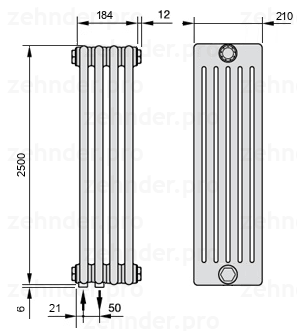 Схема (чертеж) Радиатор Zehnder Charleston 6250/4 №3370 Белый глянцевый RAL 9016